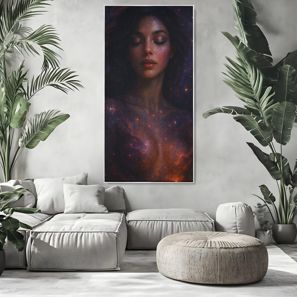Tablou canvas cu tablou canvas cu femeie si galaxie, in rama de aluminiu argintiu, pe perete intr-un living
